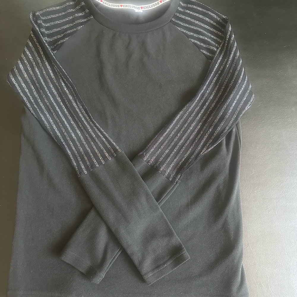 Black Long Sleeve Shirt with Striped Sleeves